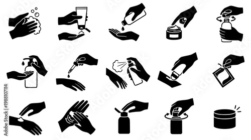 Vector graphic illustration of various hand hygiene actions depicted