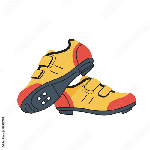 Yellow cycling shoes with red accents and velcro straps on white background