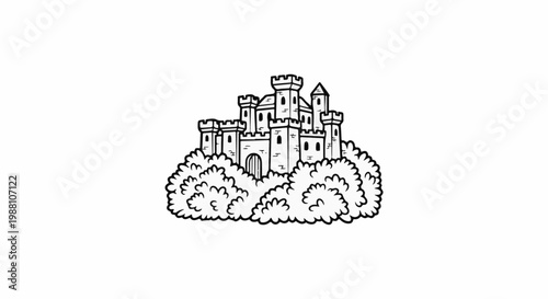 A cartoon-style black and white line drawing of a castle with turrets emerging from foliage