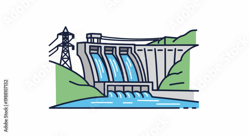 A stylized illustration of a hydroelectric dam with water flowing through