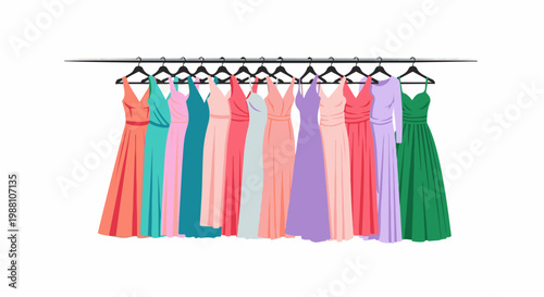 A row of eleven long, colorful dresses hang on a rack