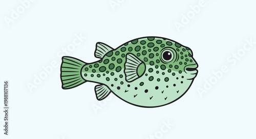 A cartoonish pufferfish with light green body, dark green spots, and fins