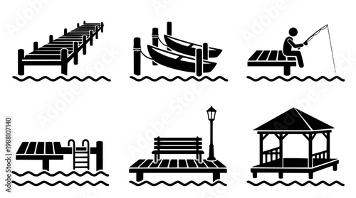 Dock and pier vector icons for waterfront designs