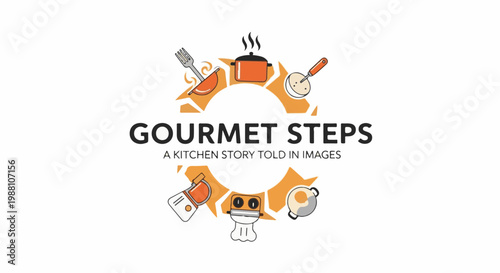 A graphic with kitchen utensils and cooking pots arranged in a circle around text