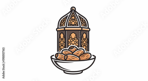 A traditional lantern sits above a bowl of dates on a white background