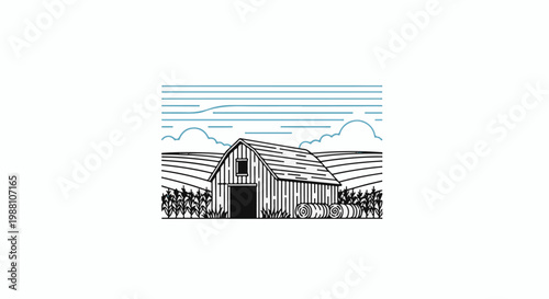 A line drawing depicts a rustic barn surrounded by farmland and a cloudy sky