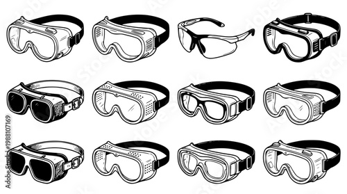 Various styles of protective eyewear goggles illustrated in black and white