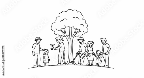 A family plants a tree and cleans up litter under a large canopy