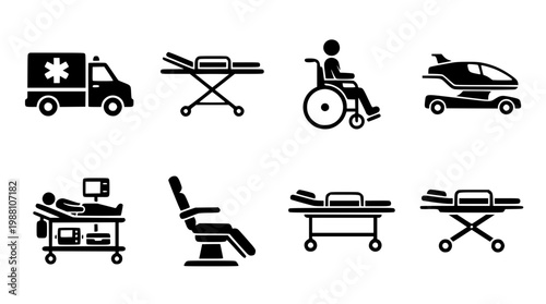 Medical transportation and equipment vector icons in black