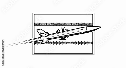 A jet fighter soars across a bordered background with national insignia