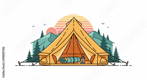 A yellow bell tent is set up in a forest clearing with mountains and sun