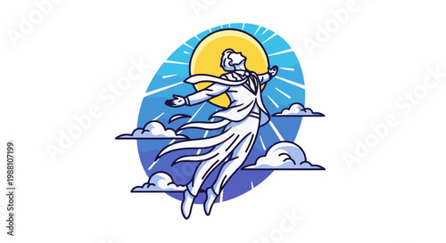 A person in a suit flies through the sky toward the sun