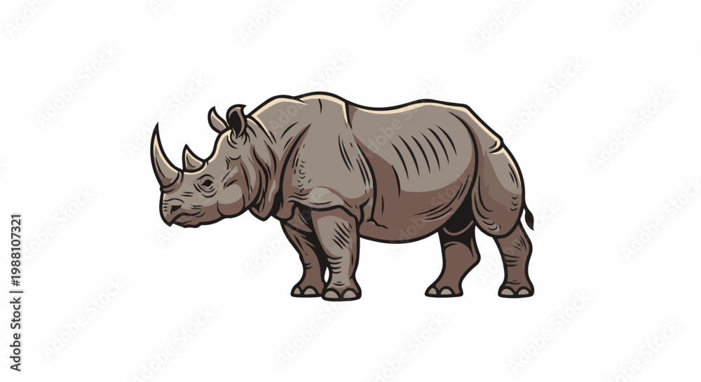 Fototapeta premium A stylized, realistic rhinoceros stands facing left, rendered in muted tones