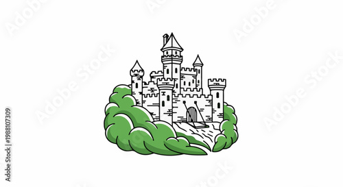 A stylized drawing of a castle on a green, cloud-like hill