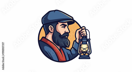 Bearded man in cap holding vintage lantern, facing right
