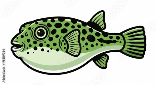 A whimsical cartoon pufferfish with green skin and black spots