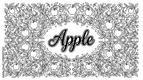 Apple surrounded by floral design and leaves vector graphic