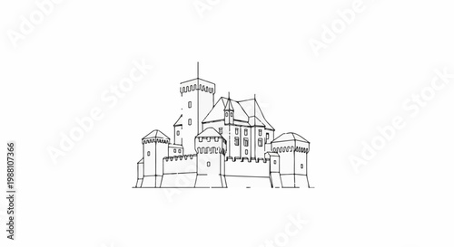 Detailed sketch of a medieval castle with towers and battlements