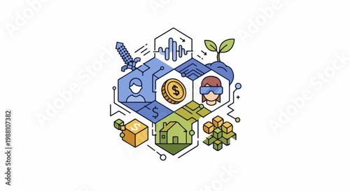 Digital interconnected elements people, money, vr, house, growth, game