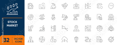Stock Market Icon Set. Containing Trading, Stocks, Financial, Investment, Stock Exchange, Analysis, Shares, Bull Market, Bear Market and more. Editable vector Line icons collection.