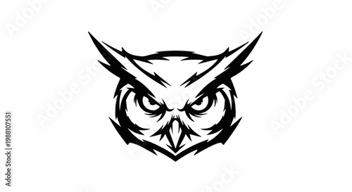 Fierce black owl face with sharp, angular features and intense eyes