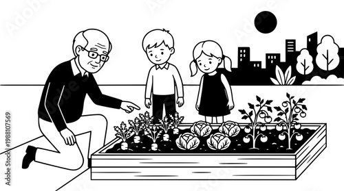 Older man teaching kids to garden in a raised bed