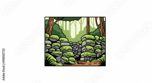 A moss-covered stone wall divides a path through a forest