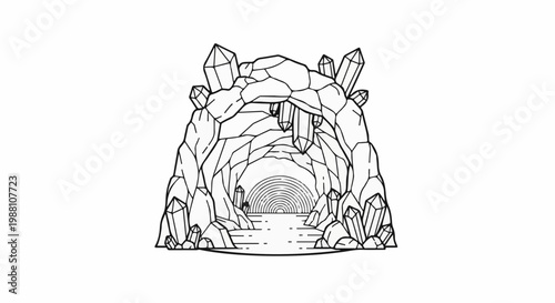 A rocky cave entrance adorned with crystals leads to a path disappearing into a concentric tunnel