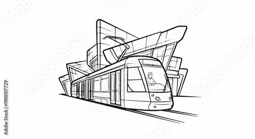 A modern tram approaches a uniquely designed building with a driver inside