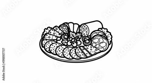 A platter filled with an assortment of sliced meats and cheeses