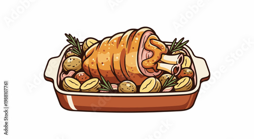 A roasted meat joint with potatoes and herbs in a baking dish