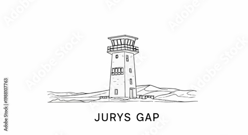 Stylized line drawing of a tall, square tower with a control room on top, set against hills