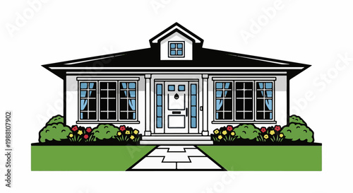 A simple, charming bungalow with a well-maintained yard and flowering bushes