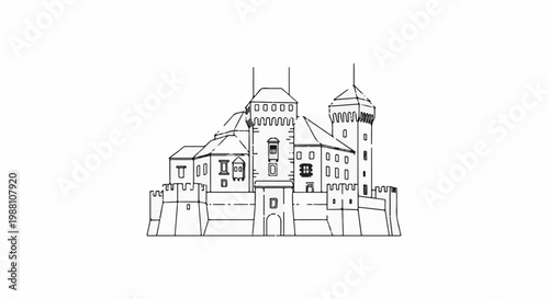 A stark, detailed black and white line drawing of a grand, ancient castle with multiple towers and battlements