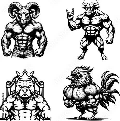 Macho Animal Warriors: Muscular Anthropomorphic Fitness Mascots Vector Set