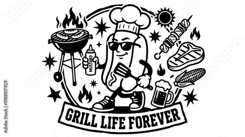 Cartoon hot dog character grilling outdoors with enthusiasm