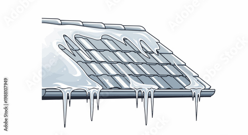 A section of a roof covered in snow with icicles hanging from the gutter
