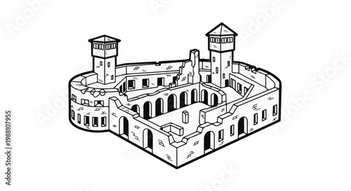 Stylized drawing of a ruined fortress with two towers