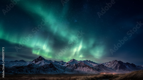 northern lights over iceland landscape, green aurora dancing in the sky, starry night, snowy mountains, ultra realistic night photography, long exposure, cinematic atmosphere.