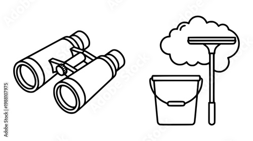 Vector illustration of binoculars and cleaning tools graphic design