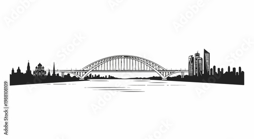 A monochromatic silhouette of a city skyline with a large arched bridge over water