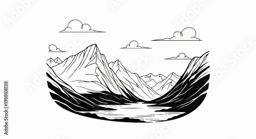 Stylized line art depicts a mountain valley with a lake