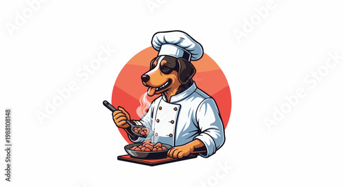 Anthropomorphic dog in chef attire stirring food in a pan with steam