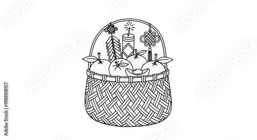 Basket overflowing with fruits, firecrackers and auspicious knots, symbolizing prosperity