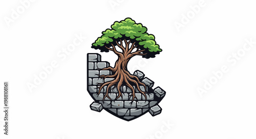 Ancient stone structure overtaken by a large, spreading tree