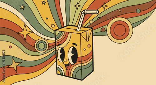 Cheerful cartoon juice box with straw, set against a retro wavy background