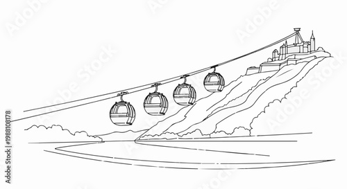 Cable cars ascend a steep incline towards a grand structure on a hilltop