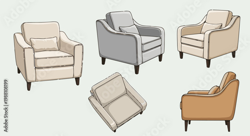 Collection of five upholstered armchairs in various neutral tones