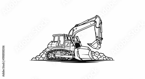 Excavator with tracks, blade, and digging arm, amidst rocks