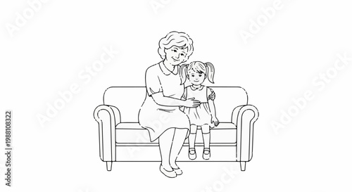 Grandmother and child seated together on a couch, smiling warmly